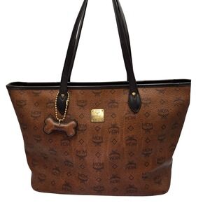 MCM Tote Bag Purse Shopper Handbag Brown Coated Canvas Dog‎ Bone Charm